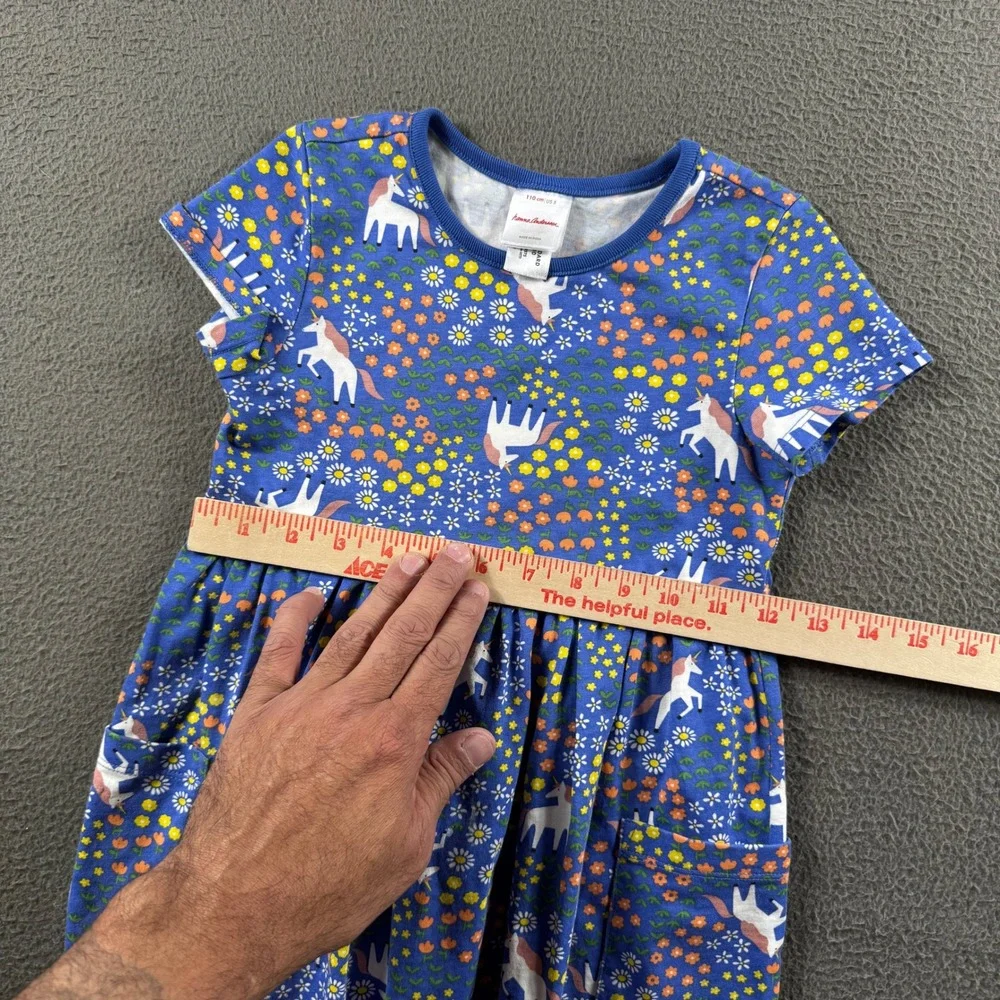 Hanna Andersson Pocket Dress Youth 5 Blue Unicorn Floral Cotton Casual Everyday